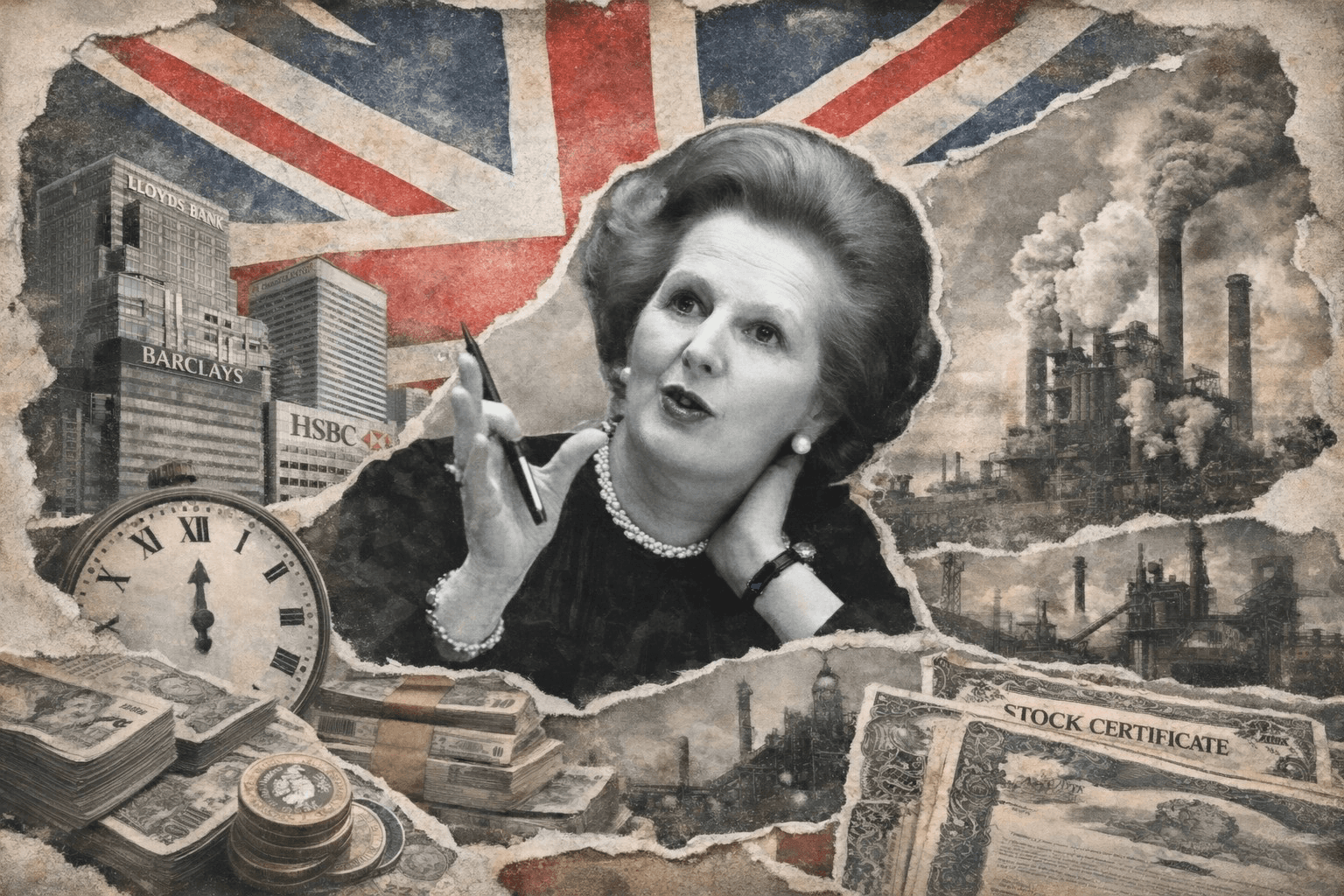 A torn-paper style collage featuring a central black and white portrait of former UK Prime Minister Margaret Thatcher set against a distressed Union Jack flag.